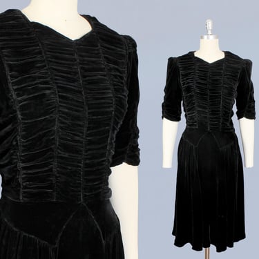 1930s Dress / 30s 40s Heavily Ruched Black Silk Velvet Dress / Tie Waist / Puffed Sleeves 