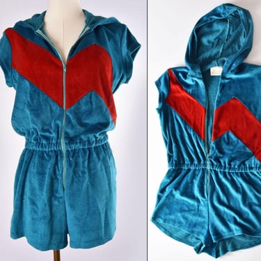 Velour Jumper Romper Play Suit Hoodie & Shorts 1970's, 1980's Vintage Teal Blue Green Stripe Coverup  by SERRA One Piece Jump suit 