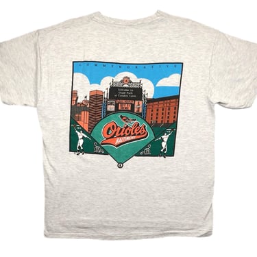 Vintage 90s Baltimore Orioles Baseball Camden Yards “Hit it Here” Double Sided Graphic T-Shirt Size Large/XL 