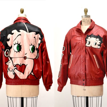 80s 90s Vintage Red Leather Jacket with Betty Boop Jacket// 90s 80s Red Leather Biker Jacket Betty Boop Comic Cartoon Small Medium Maziar 