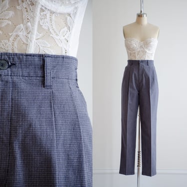 high waisted pants 80s 90s vintage Lee Casuals navy basket weave pleated dark academia cotton trousers 