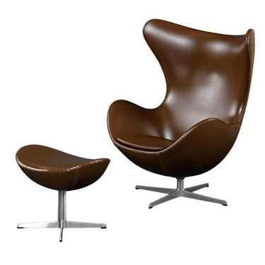 1974 Brown Leather Arne Jacobsen Fritz Hansen Egg Chair & Ottoman 