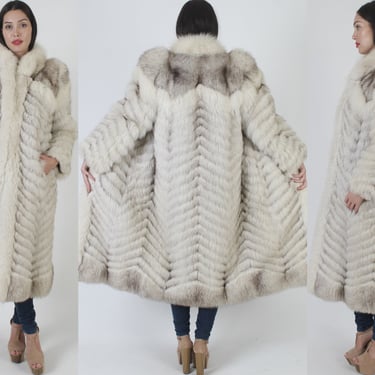 Full Length Saga Fur Coat / Chevron Striped Real Fox Overcoat / Leather Corded Inlay Paneling / Shawl Collar Chubby Plush Maxi Jacket 
