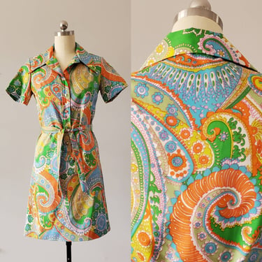 1970s Psychedelic GoGo Dress by Lady Bayard 70's Shirt Dress 70s Women's Vintage Size Medium 