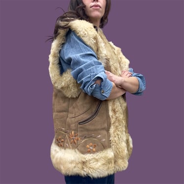 Vintage Shearling Fur Vest Retro 1970s Bohemian + Brown + Suede Leather + Hand Embroidered + No Size + Folk + Afghan + Penny Lane + Boho 