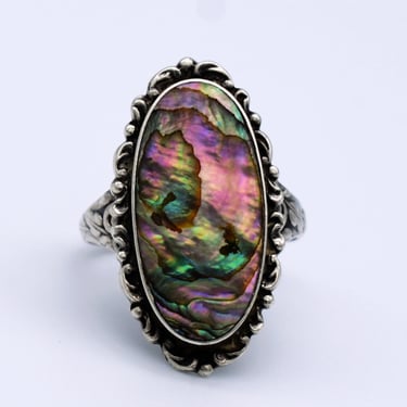 70's abalone sterling size 8.5 boho floral solitaire, leafy oval 925 silver & shell Southwestern ring 