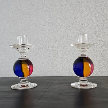 Archimede Seguso For Tiffany Murano Carnevale Art Glass Candle Holder Pair - Signed - Vintage Italian Post-Modern Candlesticks 