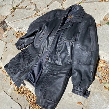 Vintage black leather pocket front jacket // L (2407) 