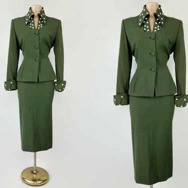 VINTAGE 1950s Virgin Wool Olive Green Beaded Skirt Suit by Lilli Ann | 50s Gabardine Suit | 2 Piece Skirt Jacket Dress Set | VFG 