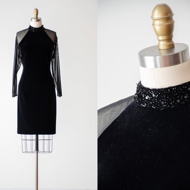 black velvet dress | 90s y2k vintage jet black sheer mesh sleeve beaded choker collar mini dress 