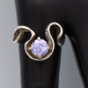 70's iolite sterling size 5.75 Avant Garde ribbon ring, asymmetrical 925 silver purple stone solitaire 