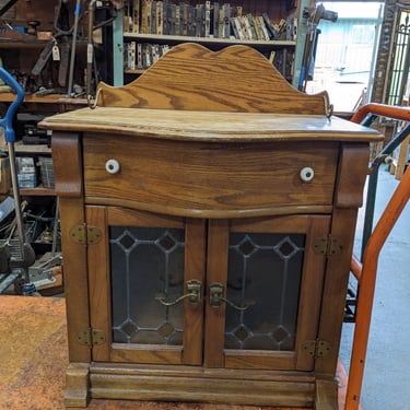 Vintage Oak Occasional Table with Leaded Glass Doors