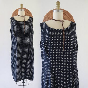 micro print shift dress - m - vintage 90s y2k navy dark blue medium print womens summer sun sleeveless dress 