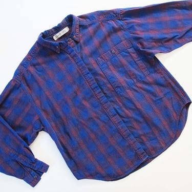 Vintage 80s Espirit Plaid Cotton Blouse S M - 1980s Purple Blue Long Sleeve Button Up Shirt 