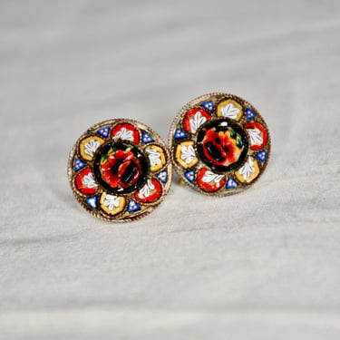 Antique Micro Mosaic Screw Back Earrings Round Florentine Made in Italy C 1920 Intricate Mosaic Floral Design Gift for Her Birthday Gift 