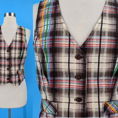 Vintage 70s Small Colorful Plaid Sleeveless Vest Top - Seventies Pea-pod Button Front Sleeveless Shirt 