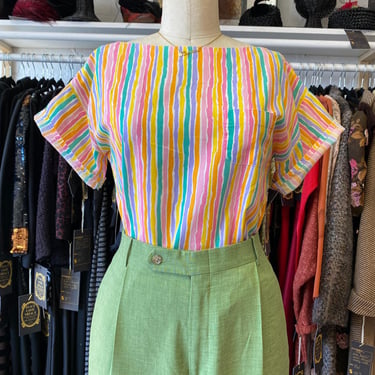 vintage 1960s pinstriped cotton summer top boatneck short sleeve medium pastel 