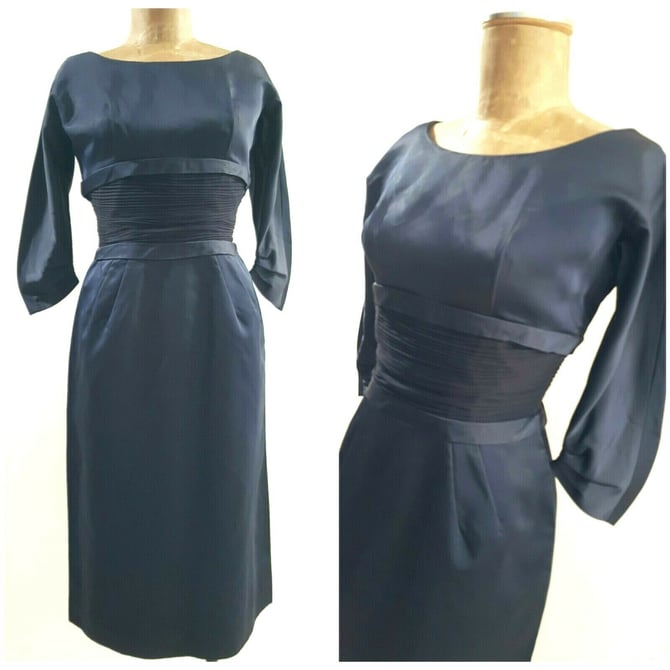 Vintage 50s Satin Pencil Dress Size Small Navy Blue Cocktail Formal Gown Midi