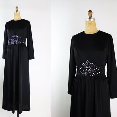 70s Black Maxi Dress / Embellished Dress / LBD / Size M/L 