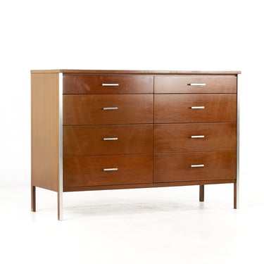Paul McCobb for Calvin Linear Mid Century Walnut and Stainless Steel 8 Drawer Lowboy Dresser - mcm 