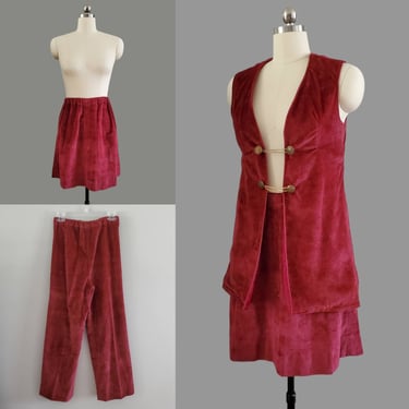1960s Three Piece Faux Velvet Outfit with Vest, Mini Skirt and Pants 60s Women's Suit 60's Women's Vintage Size Small 