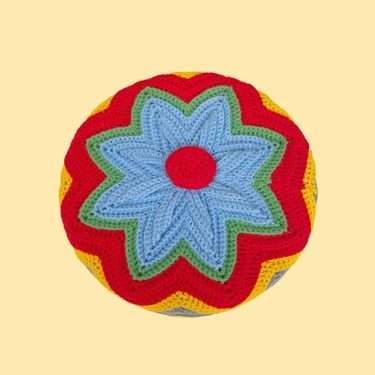 Vintage Throw Pillow Retro 1960s Hand Knit + Crochet + Circle Shape + Red + Blue + Green + Yellow + Mauve + Decorative Pillow + Home Decor 