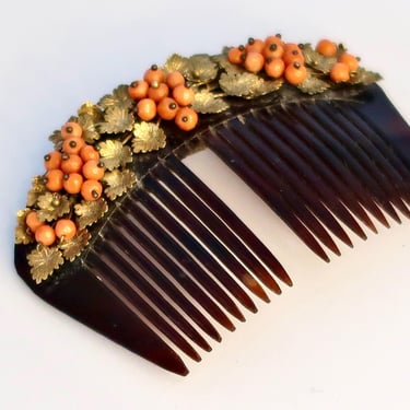 Antique Payneta 8K Gold Vine Coral Grape Clusters Philippine Hair Comb DAMAGED 