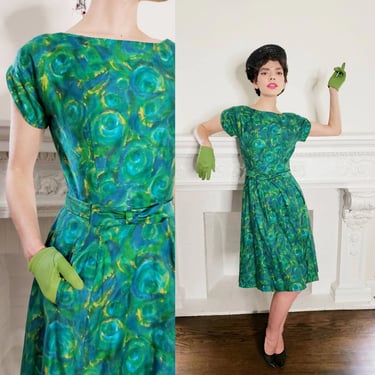 1950s Green Blue Floral Print Dress Short Sleeves / 50s Summer Dress Belted with Pockets Midi Skirt / S / Roisin 