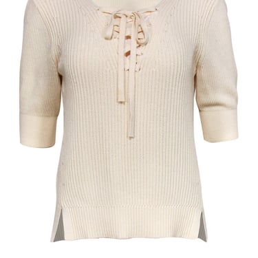 Veronica Beard - Cream Ribbed Lace-Up Short Sleeve Sweater Sz M