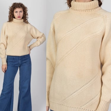 70s Jaeger Cream Wool Turtleneck Sweater - Men's Medium, Women's Large | Vintage Eyelet Knit Slouchy Fisherman Pullover 