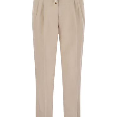 Brunello Cucinelli Men Leisure Fit Trousers In Linen And Cotton Gabardine With Drawstring And Double Darts