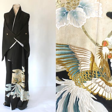 1920s - 1930s Silk Crepe Tomesode Kimono - Five Crest Paulownia and Phoenix - Formal Japanese Traditional Antique Robe 