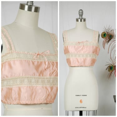Vintage 1910s Camisole - Fine Lace and Pink Silk Camisole or Corset Cove with Ribbon 