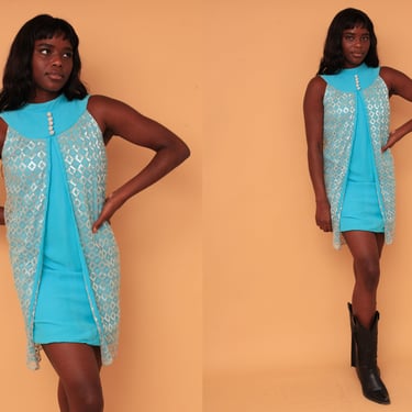 Vintage 1960s Bright Blue Space Age Mod Micro Mini Dress // Rhinestone Buttons Metallic Sheer Overlay 