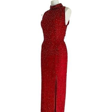80s 90s vintage sequin cocktail dress, red holiday dress, red sequin gown, long beaded sequin dress, red beaded gown keyhole back s m 8 10 