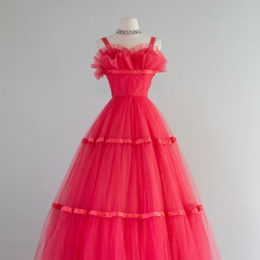 Dreamy 1950's Emma Domb Cerise Tulle Party Dress With Satin Rings &amp; Bows / SM