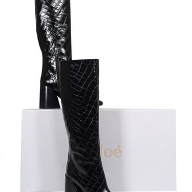 Chloe - Black Patent Croc Embossed Leather Tall Boots Sz 7.5