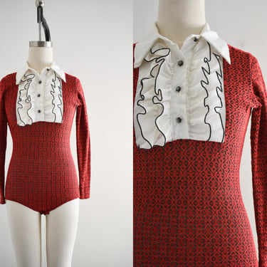 1970s Red and Black Stretchy Bodysuit 