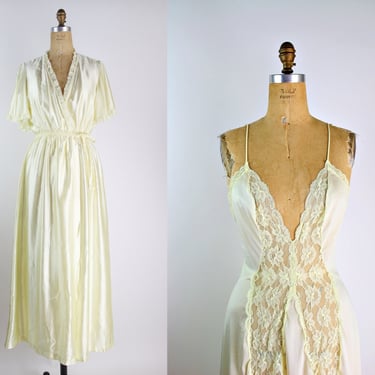 70s Yellow Two Piece Slip Set / Boho Vintage Lingerie / 70s Peignoir / Vintage Robe / Size S/M 