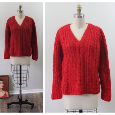 Vintage 1950s 60s True Red Mohair wool cable knit Sweater jumper pin up // Hand Knit in Italy // Lerner // US 6 to 10 med lg 