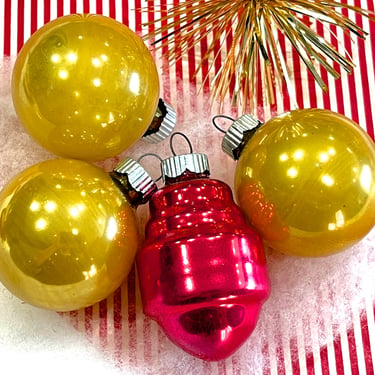VINTAGE: 4pcs - Shiny Brite Glass Christmas Bell Ornament Holiday Ornaments - Small Gold and Red Ornament - SKU 30-409-00034898 
