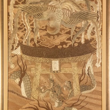 Framed Japanese Antique Phoenix and Dragon Tapestry Textile Meiji Period