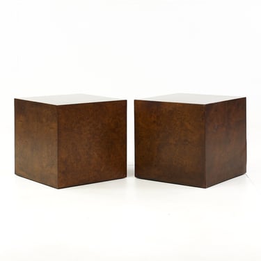 Milo Baughman Style Mid Century Burlwood Cube Side Tables - mcm 