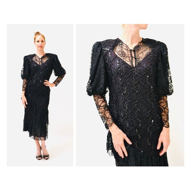 Vintage 80s Party black Dress Sequin Lace Dress Size Medium// 80s Glam Pageant Dynasty Dress 80s 90s Black lace sequin Dress 