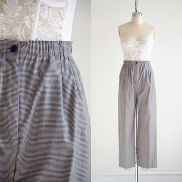 high waisted pants 80s 90s vintage beige navy houndstooth straight leg ankle trousers 