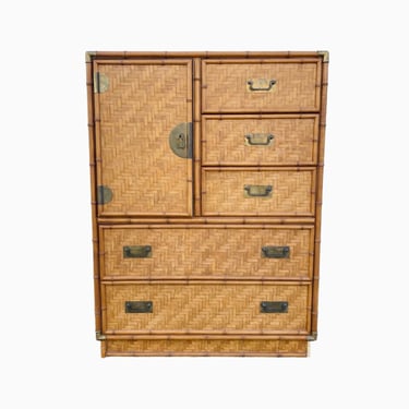 Vintage Armoire Dresser by Dixie with Faux Bamboo, Woven Herringbone Rattan and 5 Drawers - Campaign Hollywood Regency Coastal Chest 
