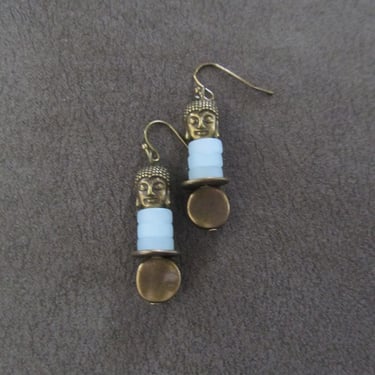 Buddha earrings, ice blue and bronze earrings 