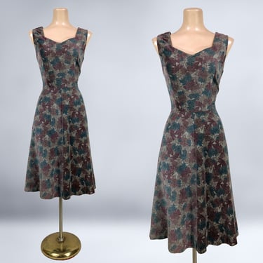 VINTAGE 60s 70s Floral Print Velvet Fit and Flare Day Dress  | 1960s 1970s Sweetheart Neckline Dress | VFG 