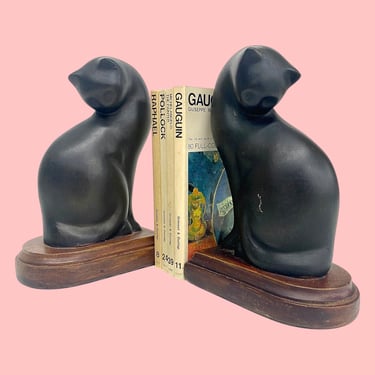 Vintage Cat Bookends Retro 1990s Contemporary + SPI + Black Cats + Brown Base + Resin + Set of 2 + Home Decor + Book Display + Organization 