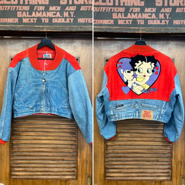 Vintage 1980’s “Too Cute” Betty Boop Design Denim Patchwork Bomber Jacket, New Wave, Original, Dated 1990 